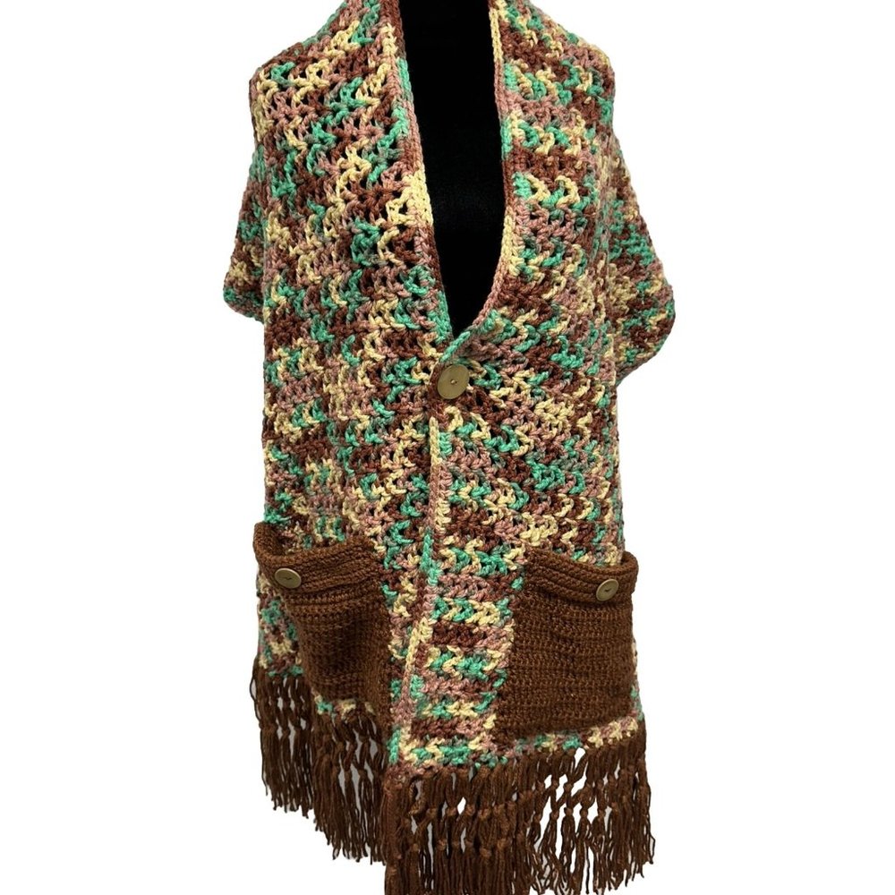 VTG Handmade Knit‎ Crochet Poncho Fringe 70s Granny Brown Orange One Size